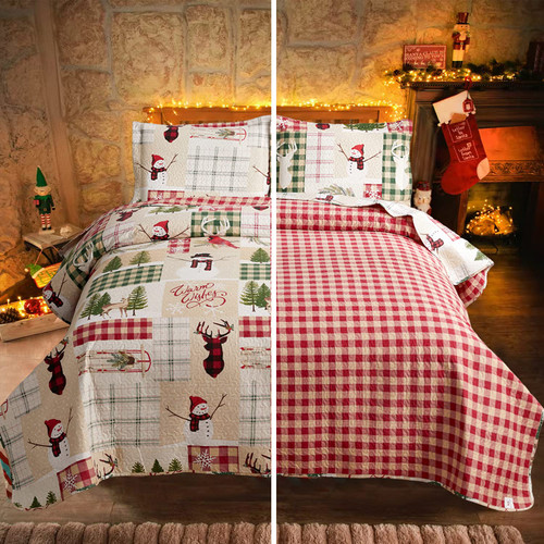 Christmas Quilt Set Queen Size Christmas Bedding Reversible Quilt Rustic Lodge Moose Buffalo Plaid Patchwork Bedding Holiday Xmas Home Decor Lightweight Quilt Bedspread Coverlet