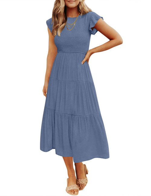 ZESICA Women's 2023 Summer Casual Flutter Short Sleeve Crew Neck Smocked Elastic Waist Tiered Midi Dress,Dustyblue,XX-Large