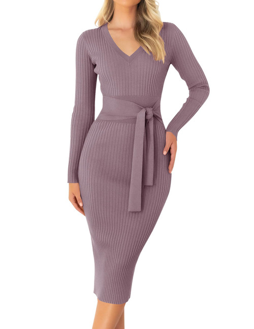 ZESICA Women's 2023 Fall Sweater Dress V Neck Long Sleeve Ribbed Knit Tie Waist Slim Fit Bodycon Midi Dresses,DarkViolet,Medium