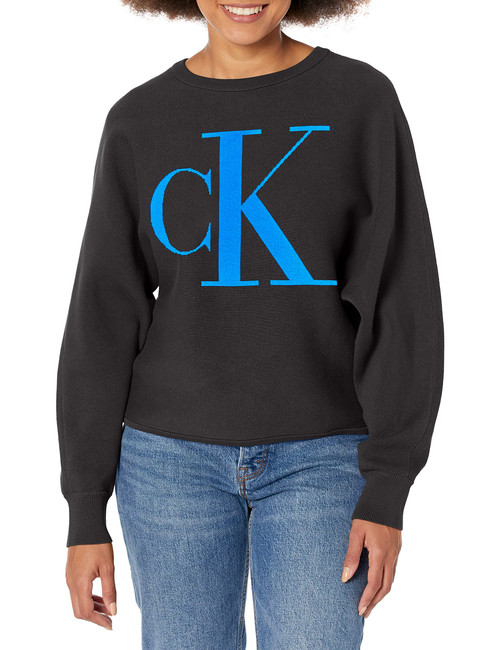 Calvin Klein Women Dolam Crew Neck Monogram Logo Sweatshirt, Black/Oceana, Medium