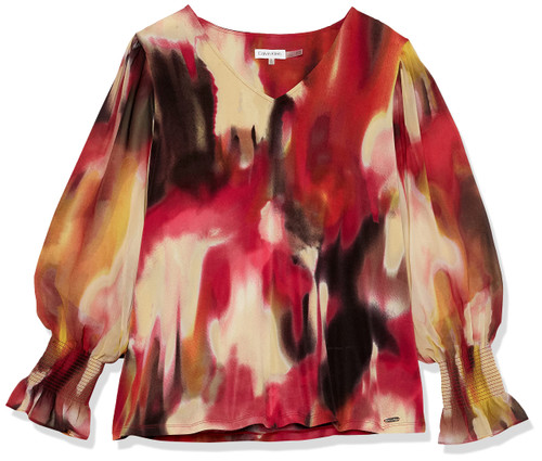 Calvin Klein Women's Plus Size Everyday Smocked Cuff Printed Long Sleeve Blouse, Cranberry Multi Combo