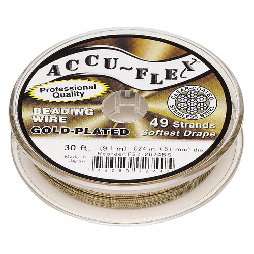 Accu-Flex Beading Wire 24Kt Gold-Plated 49-Strand .024 Inch (0.61mm Dia.) 30 Feet