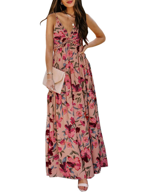 BLENCOT Women's Casual Boho Floral Printed Deep V Neck Loose Sleeveless Long Evening Dress Ruched Cocktail Party Maxi Wedding Dress Red Small BLENCOT Women's Casual Boho Floral Printed Deep V Neck Loose Sleeveless Long Evening Dress Ruched Cocktail Party Maxi Wedding Dress Red Small