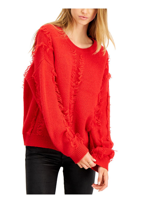 BAR III Womens Red Fringed Long Sleeve Sweater Size: XS
