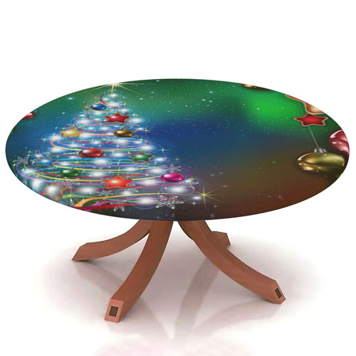Yaofuren Christmas Table Cloth Cover Elastic Edge,for 69" to 74" Round Tables,Christmas Tree Christmas Balls Celebrate,Suitable for Festival Holiday Celebrate Party Table Round Tables Decoration