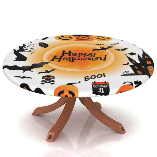 Yaofuren Halloween Round Table Cover Elastic Edge,for 69" to 74" Round Tables,Happy Holidays Background Pattern,Can Wipe Indoor/Outdoor Dining Table coverr Festival Holiday Celebrate Party,Multi