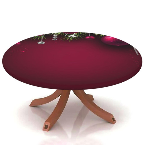 Yaofuren Christmas Round Table Cover Elastic Edge,for 69" to 74" Round Tables,fir Leaves Christmas Balls Pattern,Suitable for Festival Holiday Celebrate Party Table Round Tables Decoration,Green red