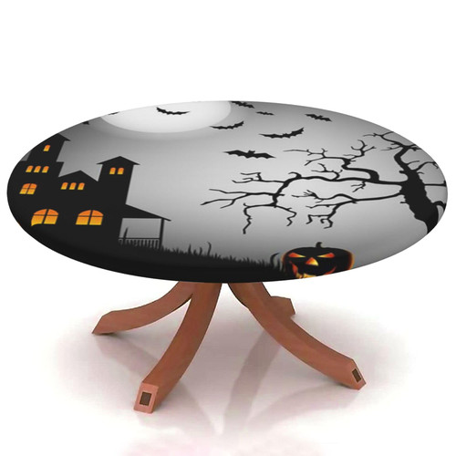 halloween Round Table Cover Elastic Edge,for 69" to 74" Round Tables,Castle silhouette background Pattern,Suitable for festival holiday celebrate party Can Wipe Dining round Table coverr,grey black