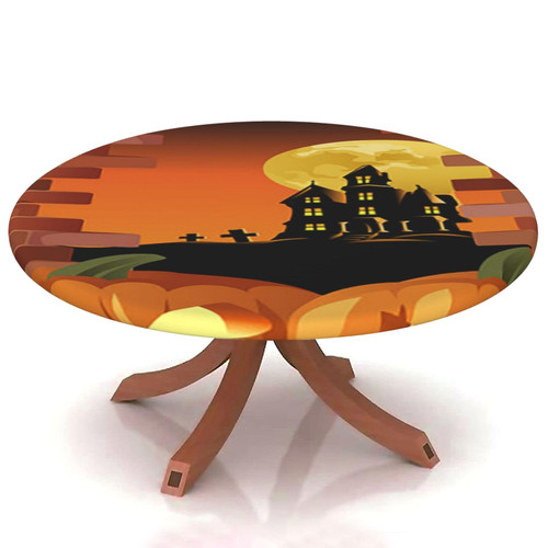 halloween Round Table Cover Elastic Edge,for 69" to 74" Round Tables,pumpkin lantern castle background Pattern,Suitable for festival holiday celebrate party Table round Tables Decoration,orange