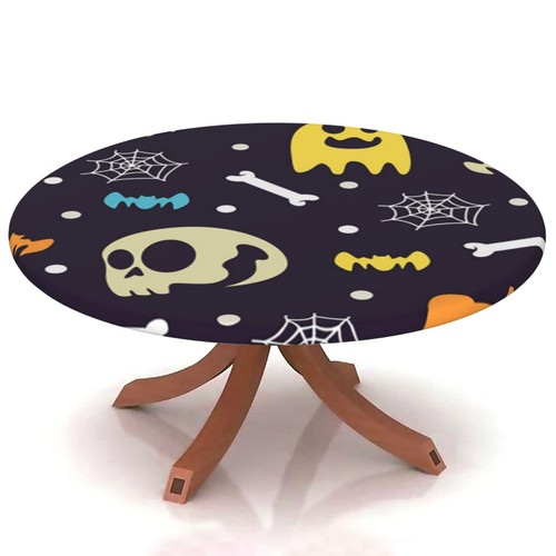Yaofuren Halloween Round Table Cover Elastic Edge,for 69" to 74" Round Tables,Cartoon Holiday Background Pattern,Can Wipe Indoor/Outdoor Dining Table coverr Festival Holiday Celebrate Party,Multi