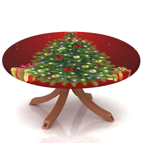 Christmas Round Table Cover Elastic Edge,for 69" to 74" Round Tables,christmas tree Pattern round tablecloth,Suitable for festival holiday celebrate party Can Wipe Dining round Table coverr,Red Green