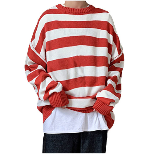 TUNUSKAT Unisex Red White Striped Sweaters Fall Plus Size Drop Shoulder Long Sleeve Shirts Oversized Crew Neck Pullover Tops