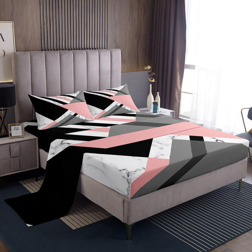 Pink Grey Black White Twin Bed Sheets For Girls Women Geometric Triangle Striped Sheet Set Geometry Line Stripe Marble Fitted Sheet Modern Simple Abstract Flat Sheet 1 Pillow Case Bedroom Decor