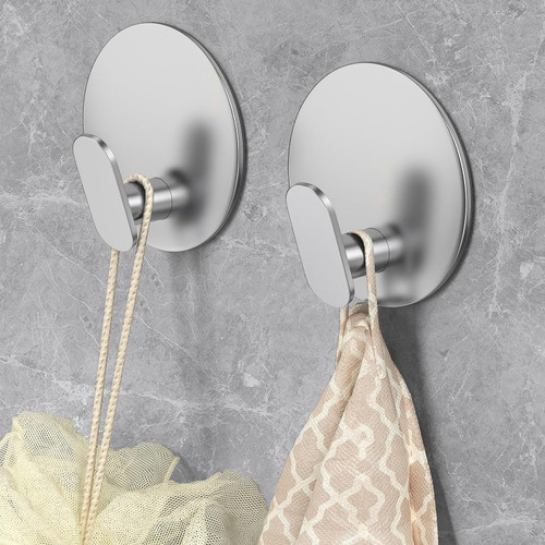 JWCE. Adhesive Hooks (Silver) Adhesive Hooks, Silver Self Adhesive Shower Wall Hooks Waterproof Stainless Steel Stick on Hooks Heavy Duty Kitchen Bathroom Sticky