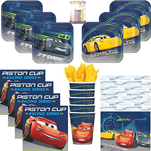 Lobyn Value Pack Disney Cars 3 Party Supplies Pack Serves 16: Dessert Plates, Beverage Napkins, Cups, Table Cover and Birthday Candles