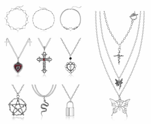 Helicopchain 12Pcs Grunge Gothic Necklaces Set for Women Teens Goth Y2K Punk Thorns Cross Snake Angel Butterfly Pentagram Heart Lock Pendant Choker Necklace Grunge Jewelry Accessories
