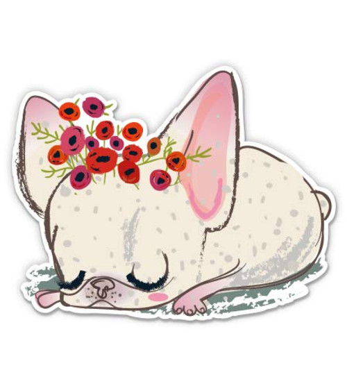 Cute French Bulldog with Flowers - 3" Vinyl Sticker - for Car Laptop I-Pad Phone Helmet Hard Hat - Waterproof Decal