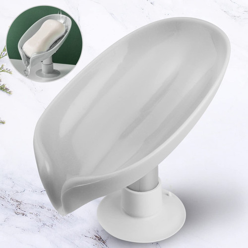 Soap Dish Holder Mount Self Drain Saver Suction Cup Leaf Shape Box Bathroom (1pc Gray)