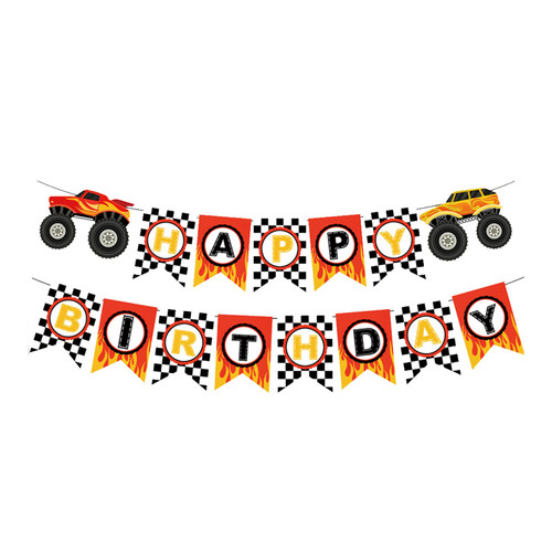 Monster Truck Birthday Banner, Cars Trucks Birthday Sign with Garland, Race Car Theme Party Supplies Birthday Party Decorations Vehicle Boy Birthday Bunting