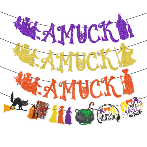 Hocus Pocus Party Decorations AMUCK AMUCK AMUCK Banner with Hocus Pocus Garland Banner Hocus Pocus Trunk or Treat Car Decorations Hocus Pocus Party Supplies