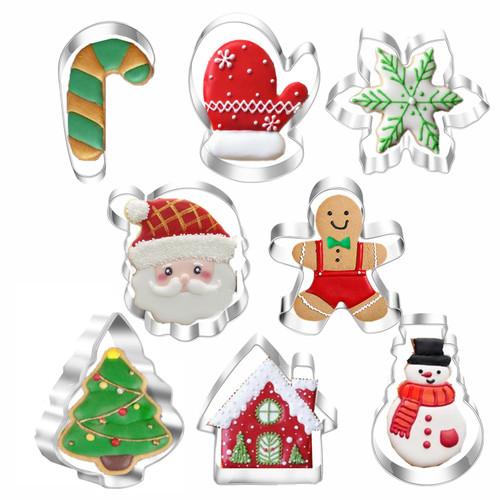 Christmas Cookie Cutters, 8PCS Holiday Cookie Cutter Shapes - Snowman,Christmas Tree,Gingerbread Man,Candy Cane,Snowflake,Santa Face,Christmas Bell,House Cookies Mold