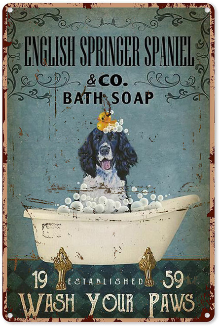 Vintage Signs Metal Signs English Springer Spaniel Co. Bath Soap Wash Your Paws Tin Sign Wall Art Metal Poster for Home Bar Cafe Garage Bathroom 12x8 Inches