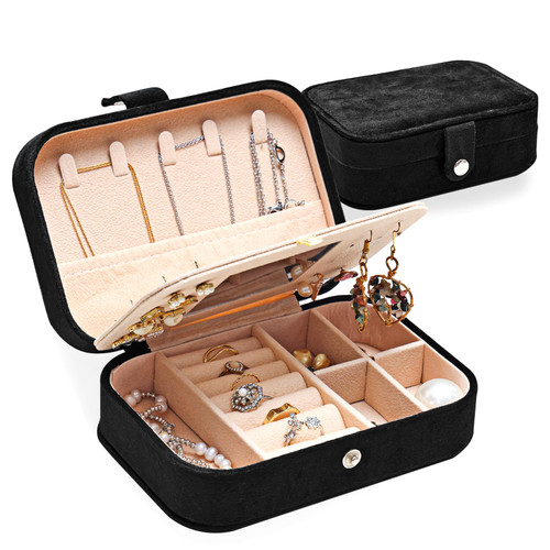 Fixwal Small Jewelry Travel Case Travel Jewelry Box Plush Velvet Jewelry Organizer for Women Girls, Portable Jewelry Case with Mirror for Rings Bracelets Earrings Organizer ?Black?