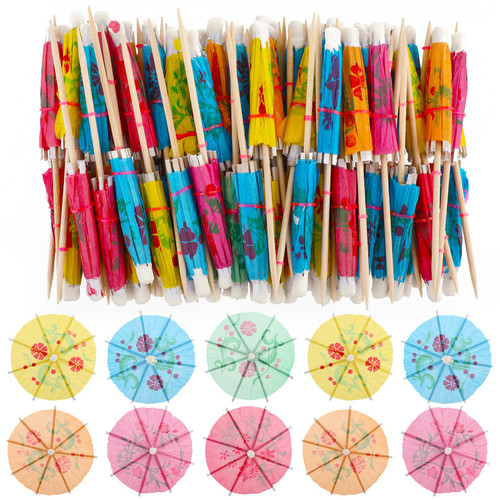 COMNICO 100 Pack Cocktail Drink Umbrella Picks Paper Umbrella Toothpicks Tropical Cocktail Picks Cupcake Toppers Mini Parasols for Drink Hawaiian Tiki Party Bar Decorations
