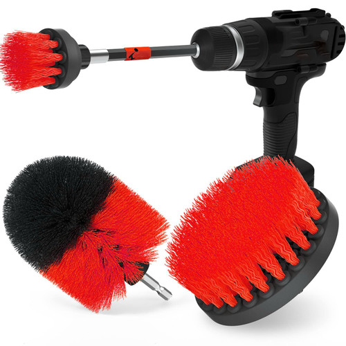 Drill Brush Power Scrubber Cleaning Brush Extended Long Attachment Set All Purpose Drill Scrub Brushes Kit for Grout, Floor, Tub, Shower, Tile, Bathroom and Kitchen Surface (Red)