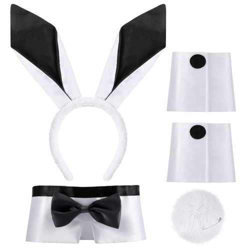 AUUABEARONN 5 Pcs Bunny Costume Set, Rabbit Ear Headband Bow Tie Cuffs Rabbit Tail for Halloween Costume Cosplay Party White