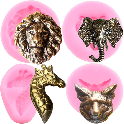 ZiXiang Lion Head Silicone Molds Fox Giraffe Elephant Fondant Mold Animal Head Candy Mold For Cake Decorating Chocolate Polymer Clay Soap Candle Gum Paste Set Of 4