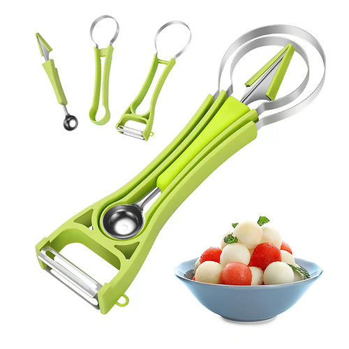 Melon Baller Scooper Set,5 in 1 Stainless Steel Fruit Carving Tool Set,Watermelon Cutter Slicer,Fruit and Vegetable Peeler Seed Remover,Ice Cream Melon Scooper,Dig Pulp Separator Fruit Slicer(Green)