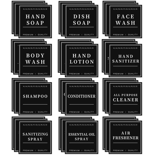 36PCS Waterproof Labels for Bottles, Hand Soap Lotion Shampoo and Conditioner Dispenser Label Stickers, Removable Cleaning Bathroom Labels for Glass or Plastic Bottles(Black)