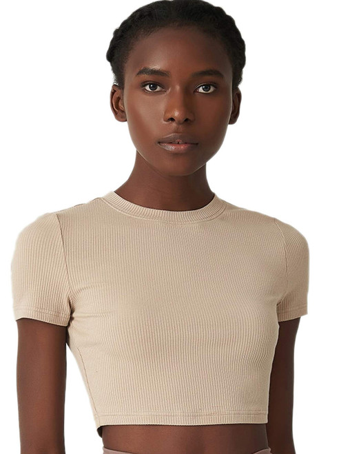 Floerns Women's Basic Casual Short Sleeve Round Neck Rib Knit Crop Top Tee Khaki S