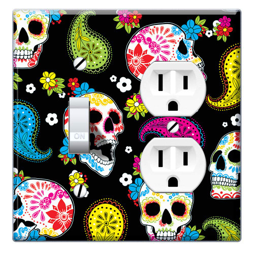 WIRESTER Double Gang-1 Duplex Outlet Cover and 1 Toggle Light Switch Plate/Wall Plate Cover - Colorful Sugar Skulls