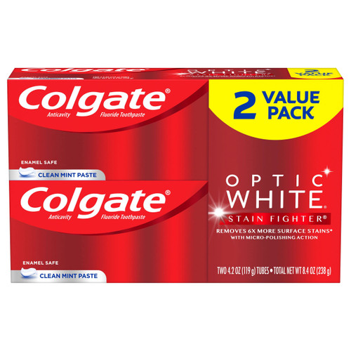 Colgate Optic White Whitening Toothpaste, Stain Fighter, Mint, 2 Count(Pack of 1)
