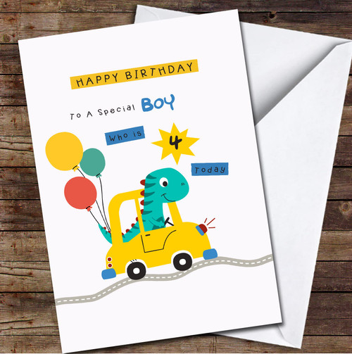 4th Boy Funny Dino Driving A Car Any Age Personalized Birthday Card, Personalized Special Birthday Card,4th, Birthday, Birthday Card, Special Ages, 4th, Custom Greetings Card