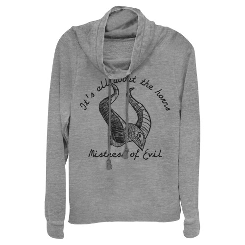 Fifth Sun Disney Maleficent Horns Stamp Women's Cowl Neck Long Sleeve Knit Top, Gray Heather, Large