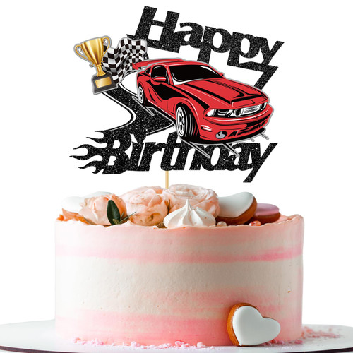 Embhhor Happy Birthday Cake Topper, Racing Flash Cake Topper Checkered Flag Racing Theme Party Decoration Supplies Baby Shower Car Theme Party Cake Topper