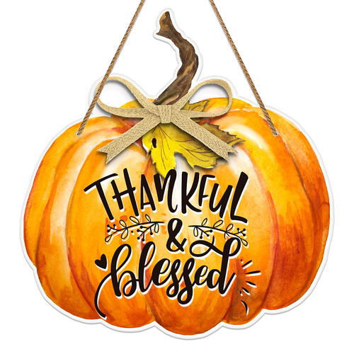 FaCraft Thanksgiving Door Decorations,Thankful & Blessed Sign,8"x12"Fall Hanging Pumpkin Door Hanger Decor Sign for Thanksgiving Day Autumn Festival Home Office Decorations