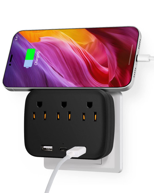 Wall Outlet Extender with 3 AC Outlets 2 USB and 1 USB-C Charging Ports,Multi Plug Outlet with Shelf,Wall Plug Expander Power Strip,USB Wall Charger Outlet Splitter for Home Office Dorm (Black)