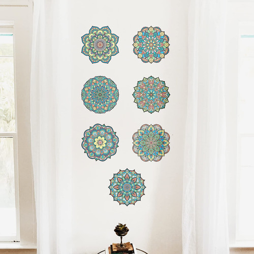 Colorful Mandala Wall Decals Peel and Stick 7 Kinds Mandala Flower Vinyl Wall Stickers Removable Lotus Wall Art Decor for Bedroom Living Room Office Cafe Art Room Wall Window Decor