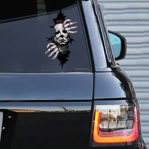 Iprokiu Horror Car Decal 3D Funny Peeking Sticker for Car Window Bumper Double-Sided Printed Peeking Sticker for Vehicle Laptop Wall Cracking Decal Car Halloween Decor (Killer Michael)