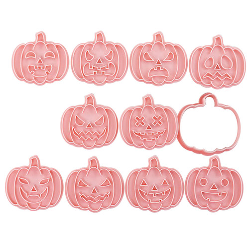 10Pcs Halloween Pumpkin Pattern Cookie Cutters Set Cartoon Pressable Biscuits Mold Plastic Cookie Stamps DIY Baking Tool Cookie Stamps Biscuits Fondant Cake Mould Cake Decorating Tools
