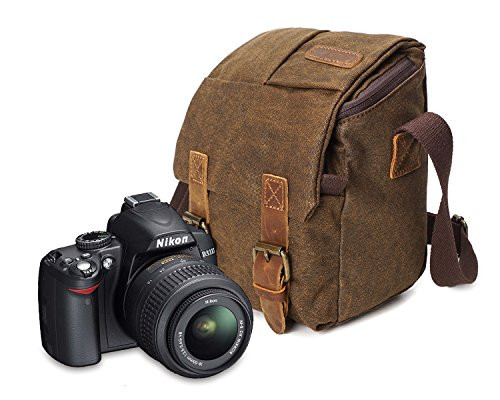 Vintage Waterproof Canvas Leather Trim DSLR SLR Shockproof Camera Shoulder Messenger Bag­ (Brown)