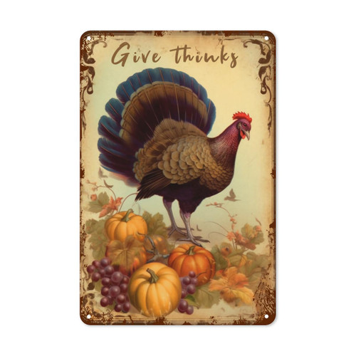 Thanksgiving Day Give Thanks Metal Tin Sign Vintage Aluminum Sign Rustic Retro Wall Decor For Home Kitchen Dining Room 8x12 Inch Sign
