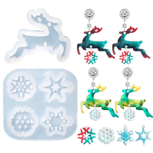 Christmas Molds for Resin Earring, Pendant Silicone Mold Resin Casting Earrings DIY Casting Christmas Tree Snowflake Elk Jewelry Molds Ornaments Resin Epoxy Keychain Kits Home Decor