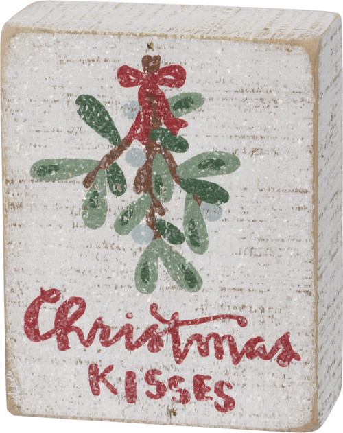 Primitives By Kathy Wooden Slat Box Sign - Christmas Kisses,White/Red/Green
