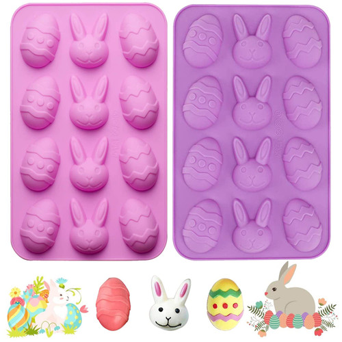 2 Pack Easter Egg and Bunny Silicone Molds For Chocolate, 3D Rabbit Egg Silicone Candy Molds Easter Cookie Baking Mould Tray for Ice Cube, Jelly, Fondant Soap DIY Cupcake Decor?Pink/Purple?