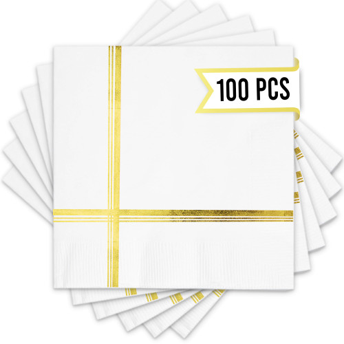100 Pcs Fancy Gold Cocktail Napkins - 5x5 IN Gold Foil Lined Napkins 3ply Premium White and Gold Napkins for Dinner, Wedding, Holiday, Birthday - Disposable Paper Napkins with Gold Foil Trim Stripe